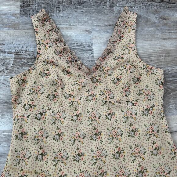 Y2K Express Floral Mini Dress Beige Pink Green Ruffle Trim Cottagecore M - Picture 2 of 6